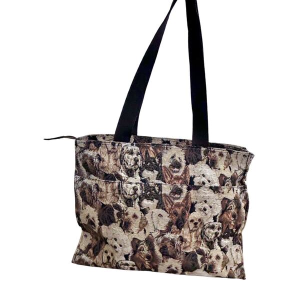 Vintage Puppy Dog Print Tapestry Tote Bag Large Carryall Novelty Y2K - Picture 3 of 10